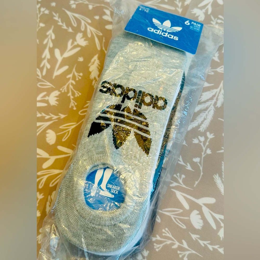 Adidas, no show, sneaker sock, 6 pair, shoe size 6-12, color: grey, white, blk